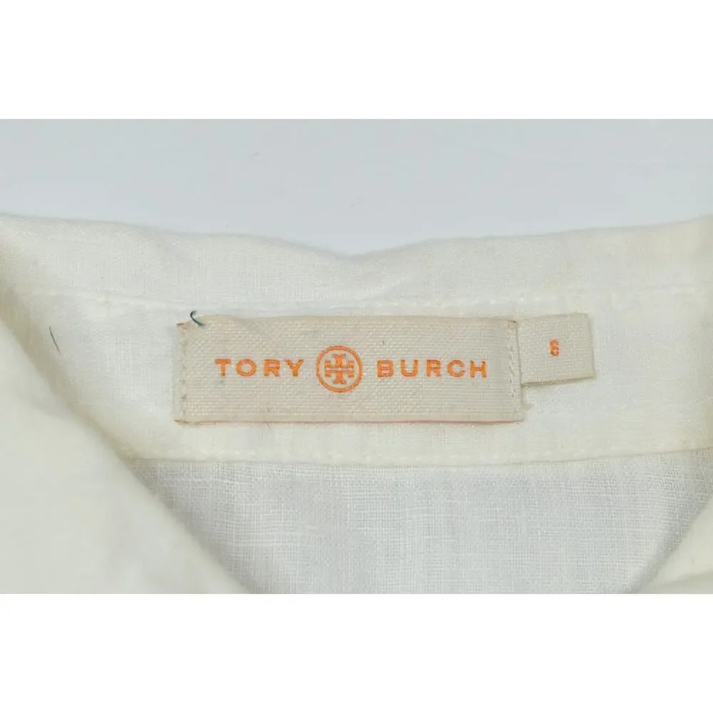 Tory Burch Linen Utility Shirt Womens 6 White Long Sleeve Button-Up Regular Fit